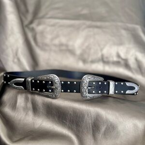 Double Buckle Western Black Belt with Silver Accents